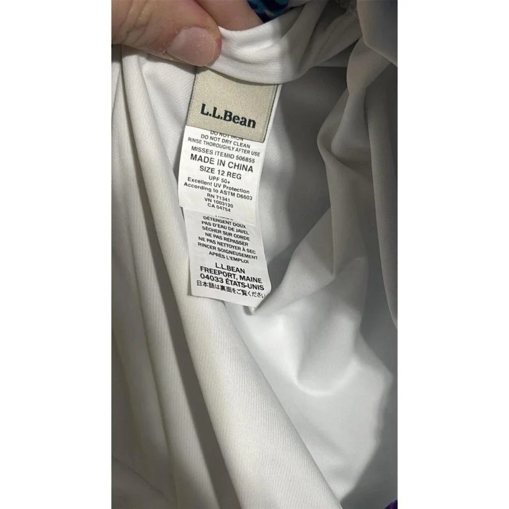 L.L.Bean Women Blue Tropical Palm Print Blouson Tankini Top UPF 50 Size 12 Reg